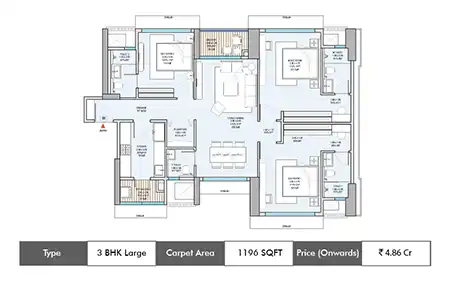 3 BHK Large-1196 SqFt
